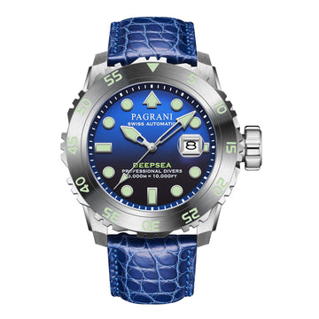 A silver stainless steel watch with a blue dial and a rotating bezel, displayed on a white background.