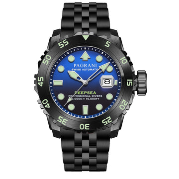 A black DEEPSEA watch with a blue dial, green hour markers, and a stainless steel bracelet. The watch has a screw-down crown and a date display.