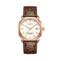 A Pagani brand watch with a white dial, rose gold case and bracelet, and a crocodile-textured brown leather strap.
