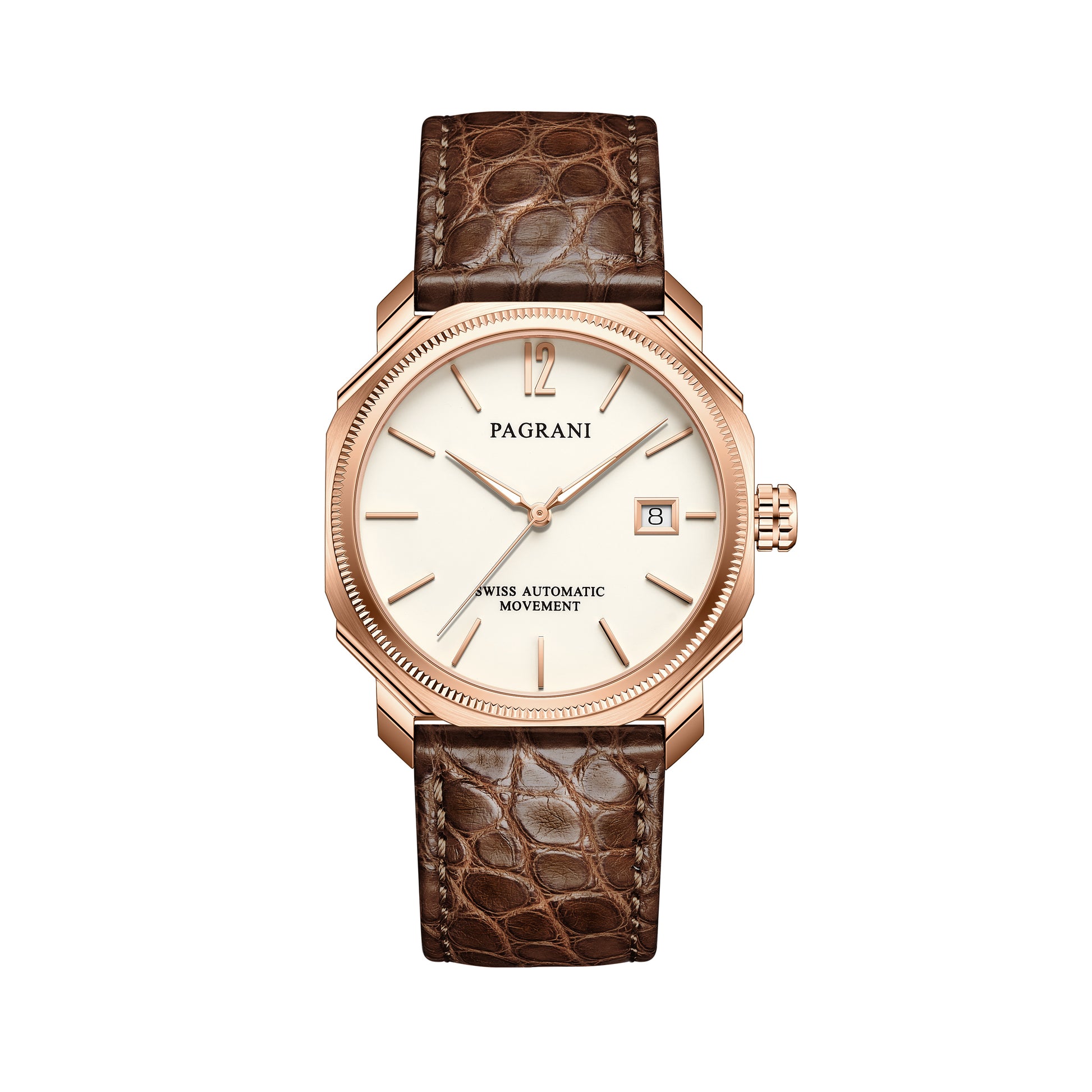 A Pagani brand watch with a white dial, rose gold case and bracelet, and a crocodile-textured brown leather strap.