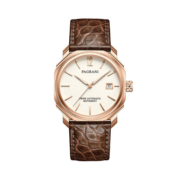 A Pagani brand watch with a white dial, rose gold case and bracelet, and a crocodile-textured brown leather strap.