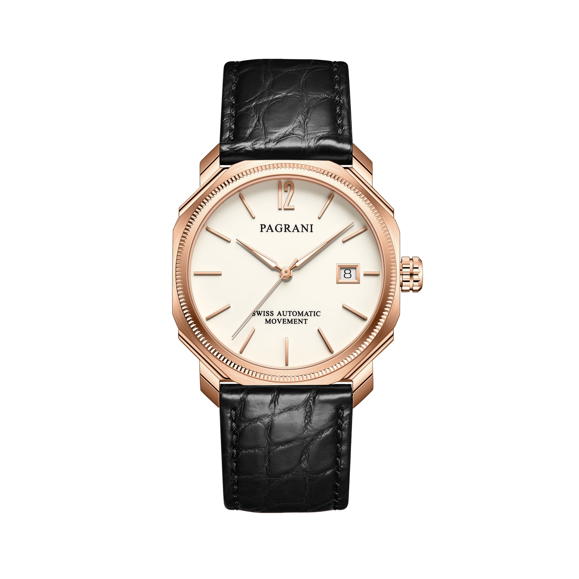 A Pagani brand watch with a white dial, rose gold case and bracelet, and a crocodile-textured brown leather strap.
