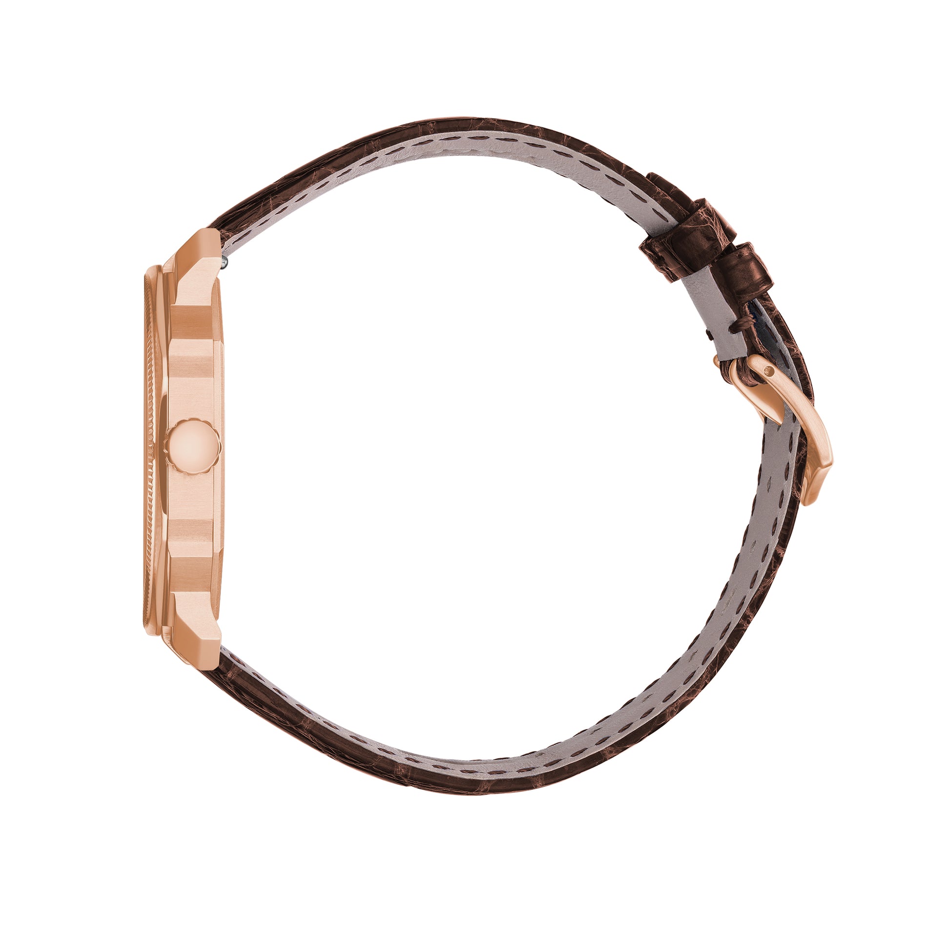 A Pagani brand watch with a white dial, rose gold case and bracelet, and a crocodile-textured brown leather strap.