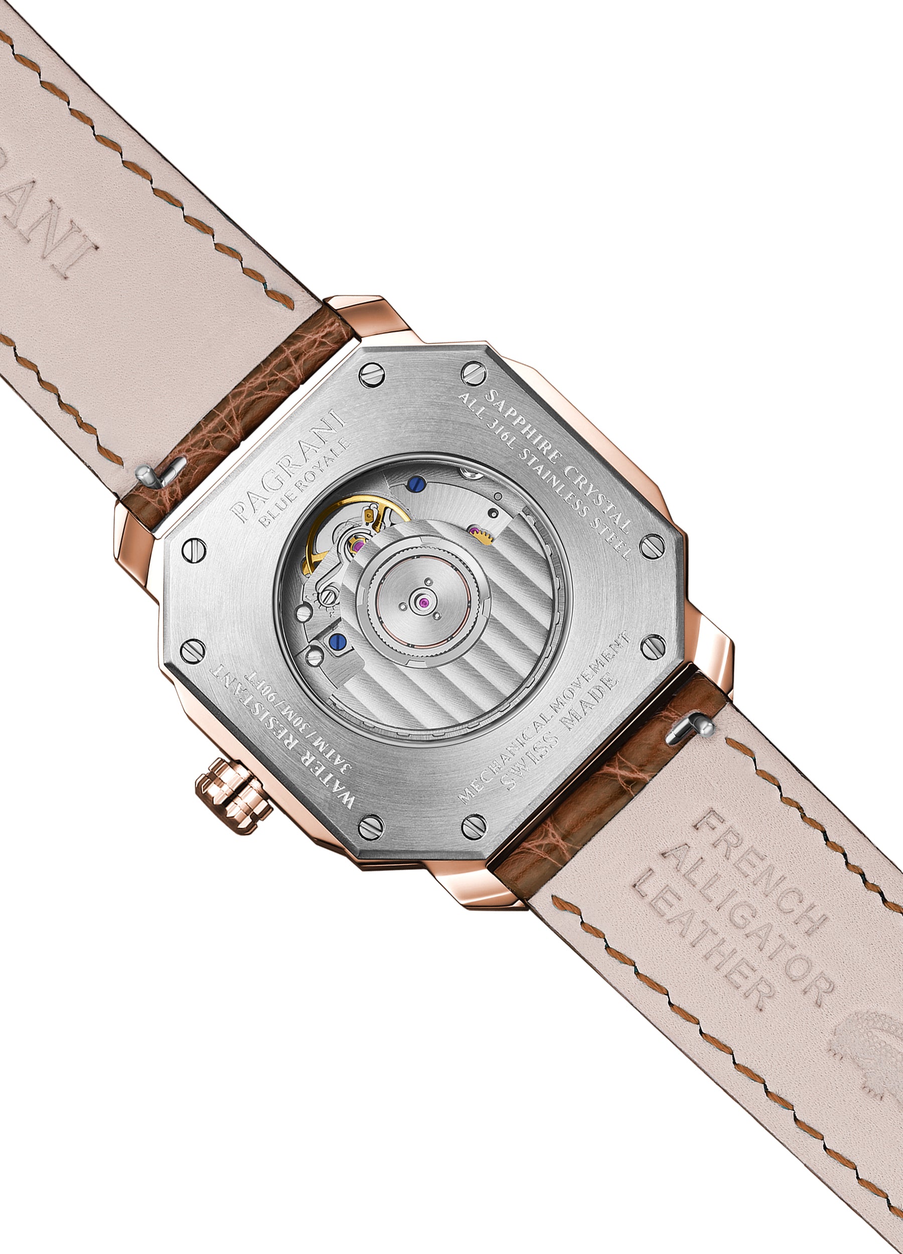 A Pagani brand watch with a white dial, rose gold case and bracelet, and a crocodile-textured brown leather strap.