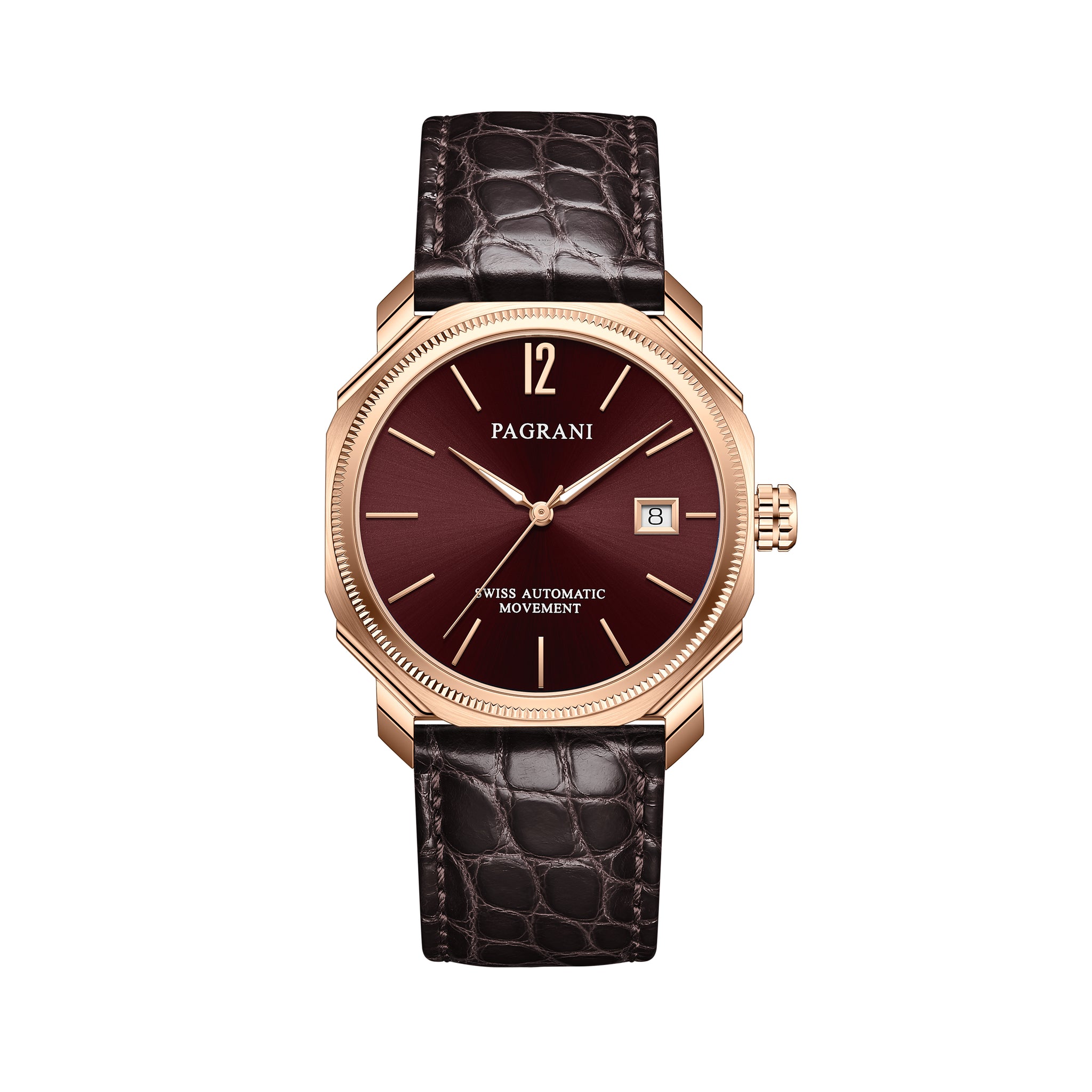 A rose gold watch with a burgundy dial and a leather strap, showing time and date.