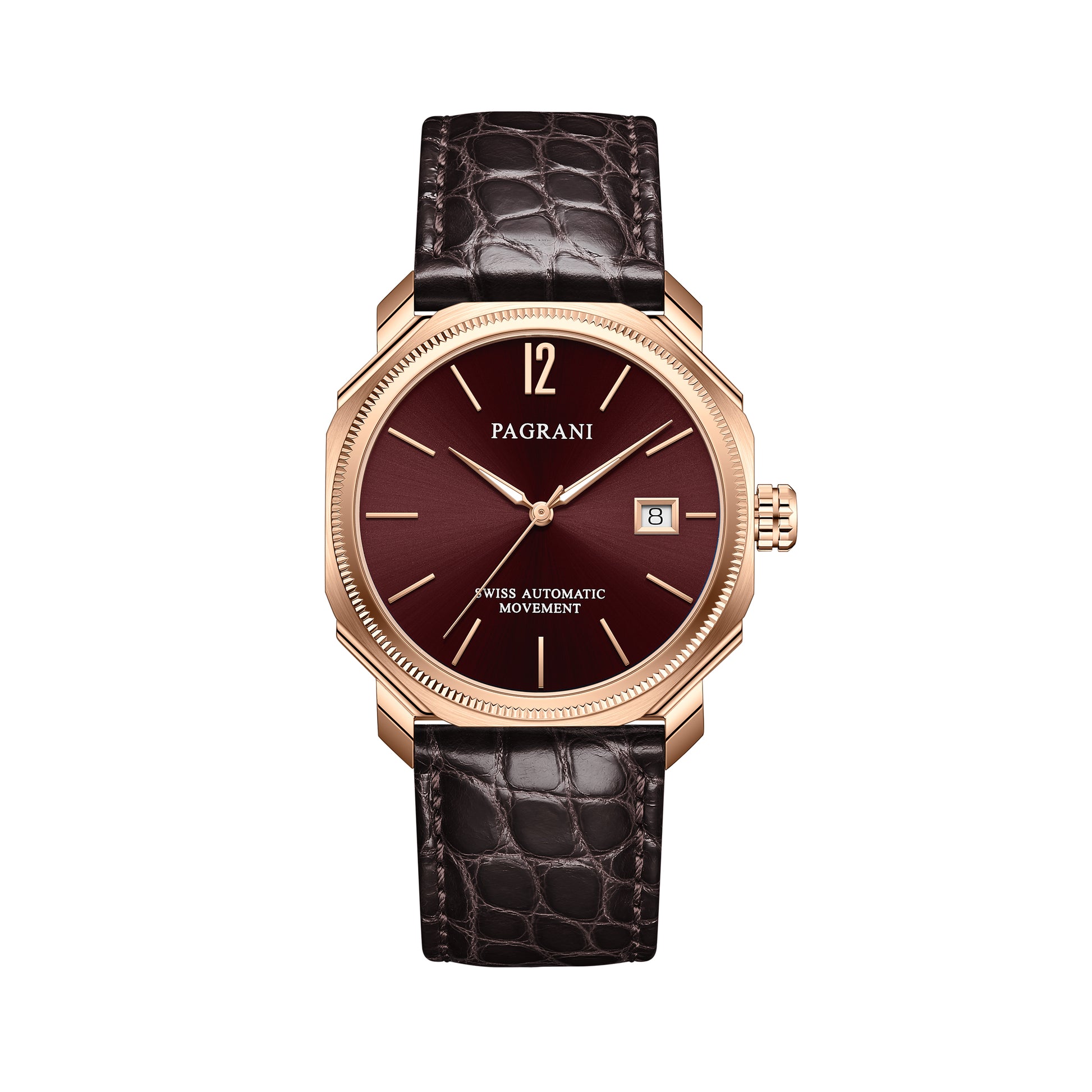 A rose gold watch with a burgundy dial and a leather strap, showing time and date.