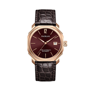 A rose gold watch with a burgundy dial and a leather strap, showing time and date.