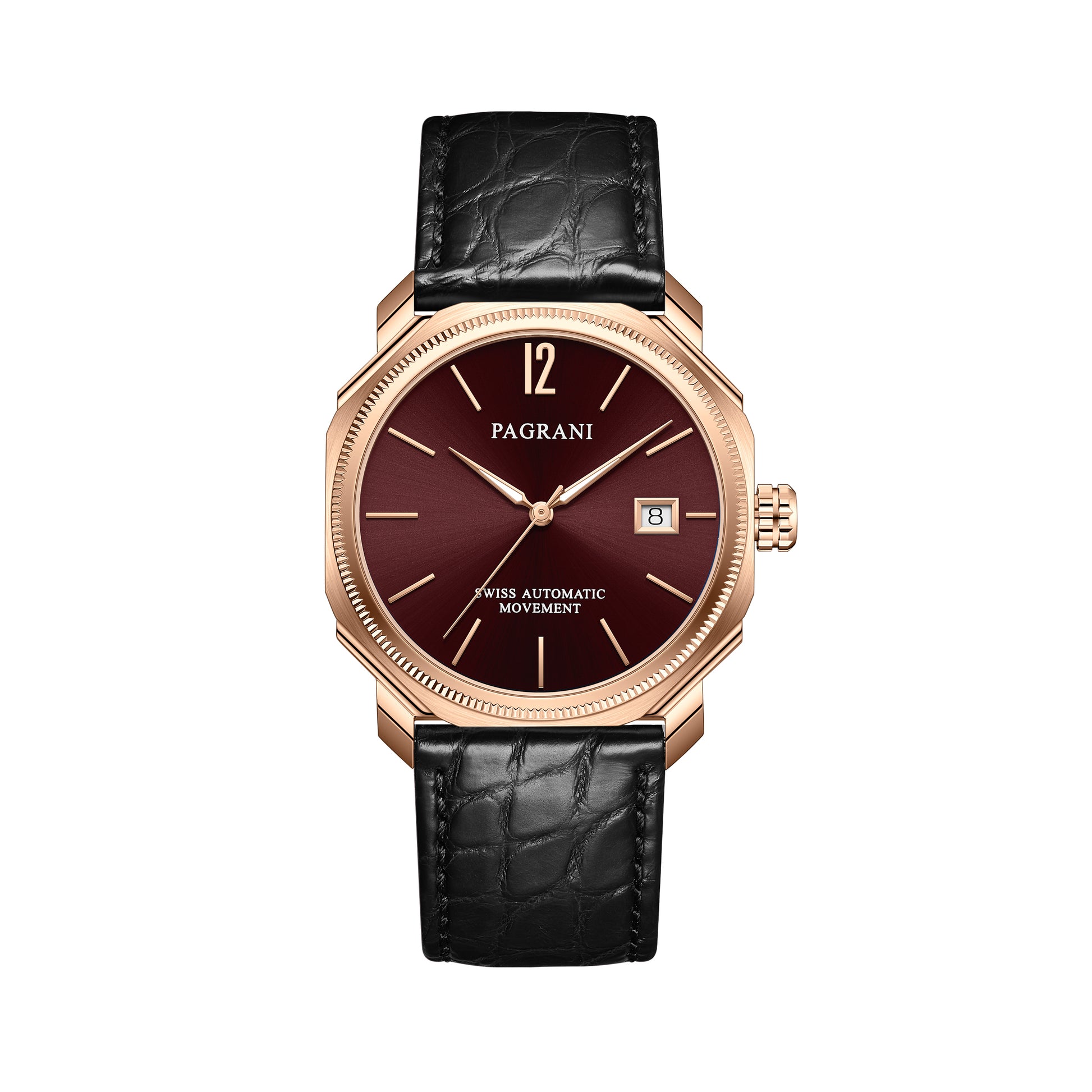 A rose gold watch with a burgundy dial and a leather strap, showing time and date.