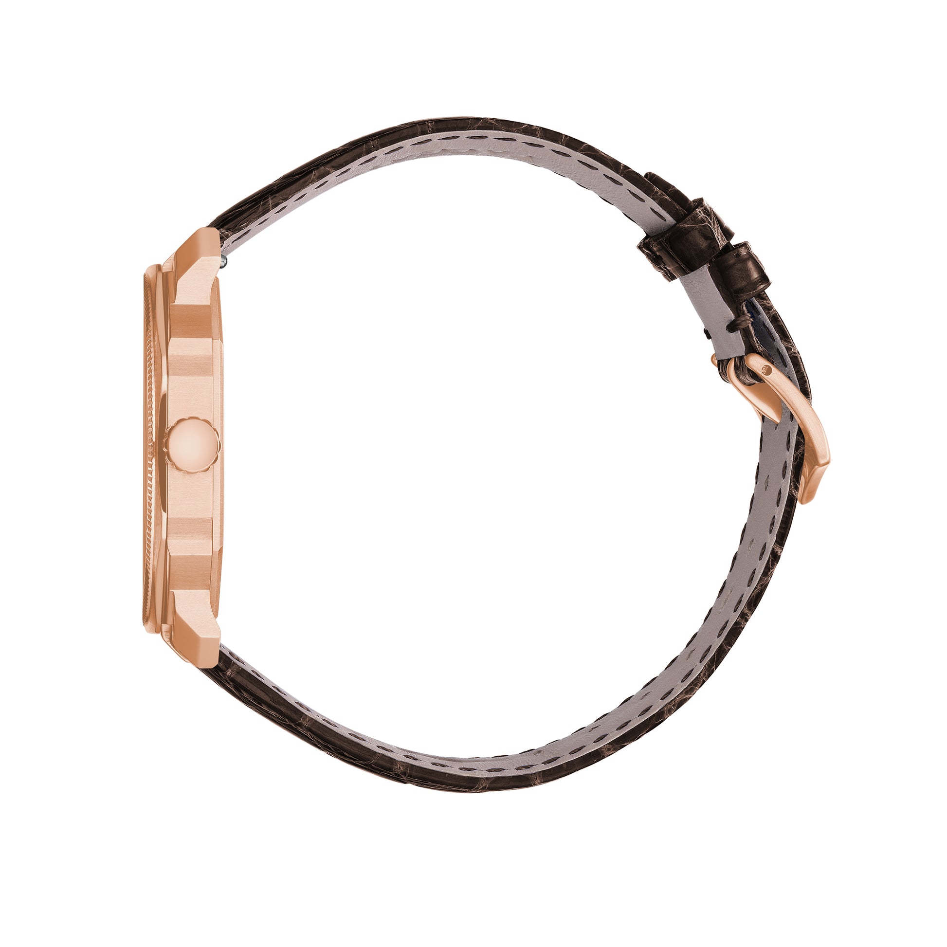 A rose gold watch with a burgundy dial and a leather strap, showing time and date.
