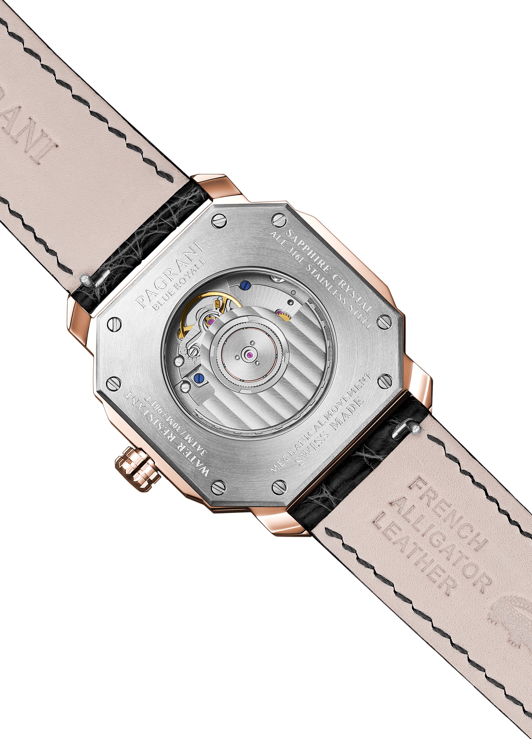 A gold-colored ultra-thin automatic date watch with a brown leather band and a white dial, displayed against a plain background.