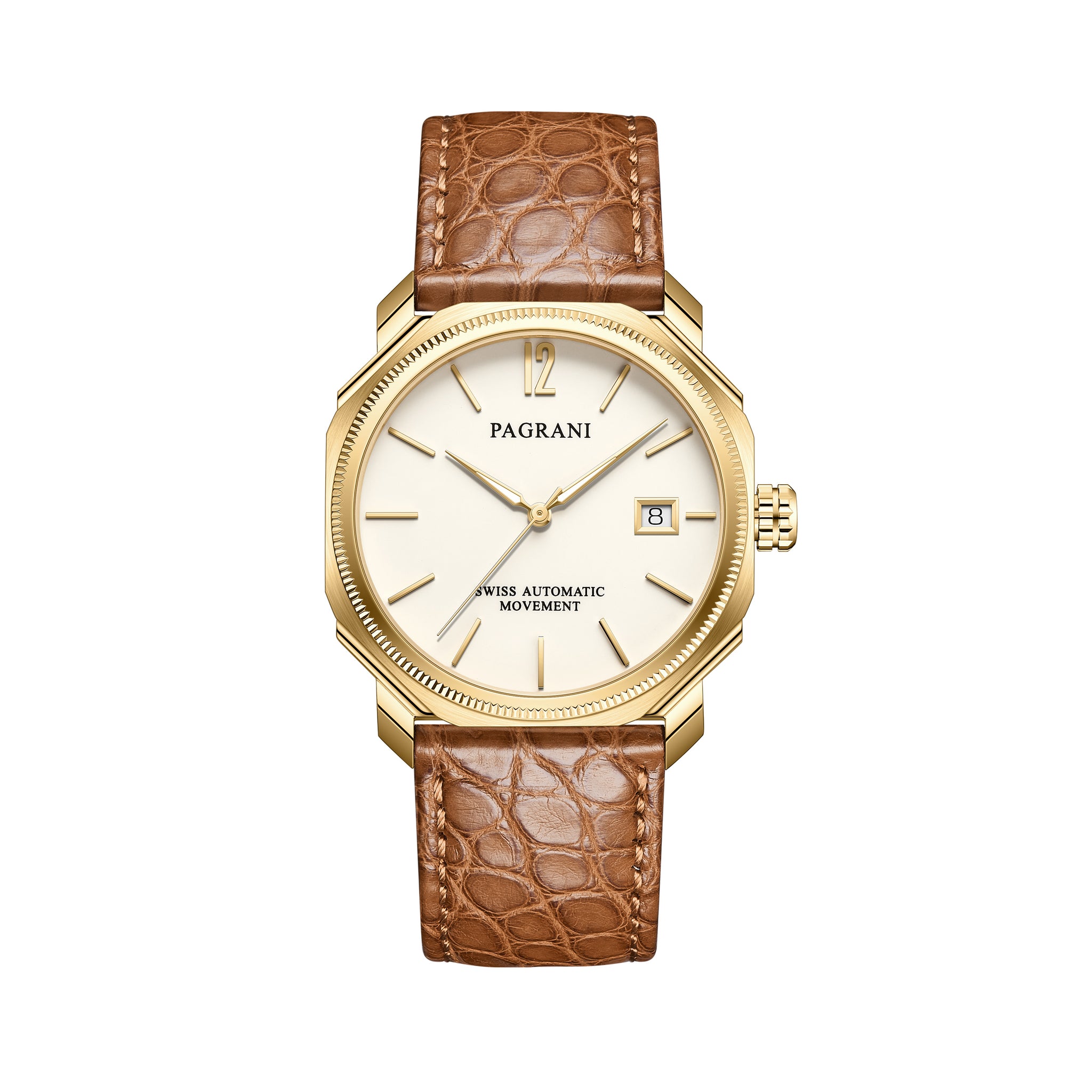 A gold-colored ultra-thin automatic date watch with a brown leather band and a white dial, displayed against a plain background.