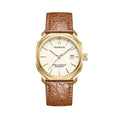 A gold-colored ultra-thin automatic date watch with a brown leather band and a white dial, displayed against a plain background.