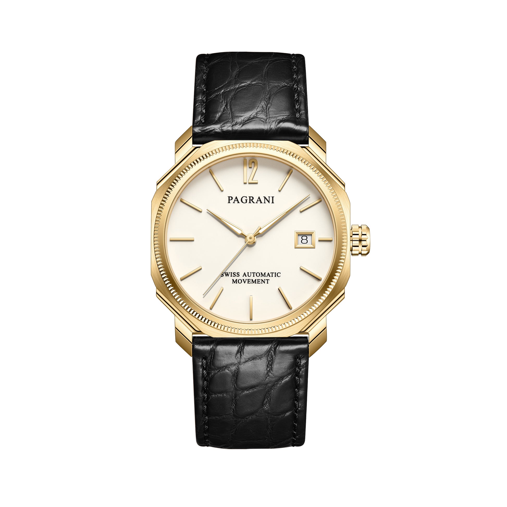 A gold-colored ultra-thin automatic date watch with a brown leather band and a white dial, displayed against a plain background.