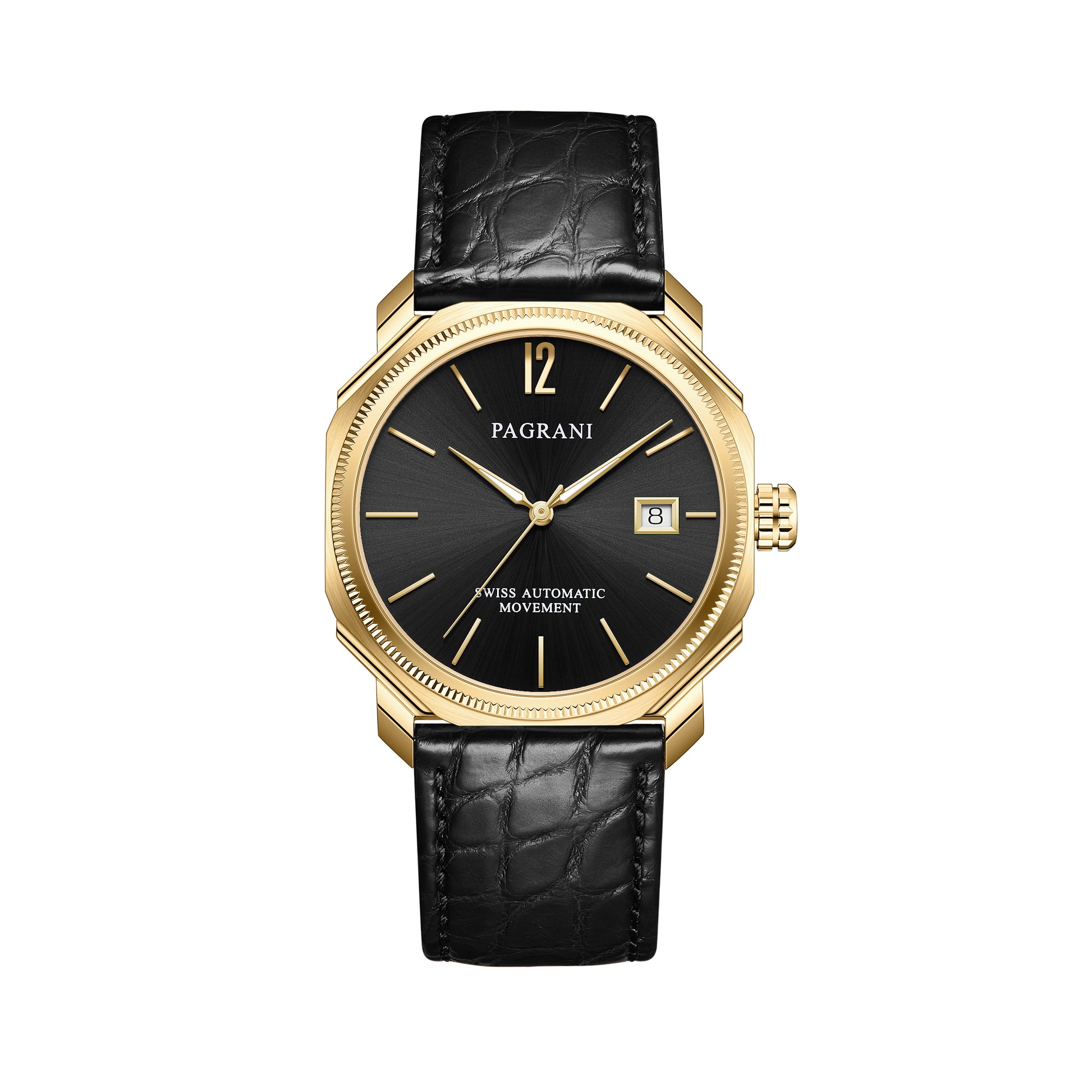 A gold-colored ultra-thin automatic date watch with a black leather band and a black dial featuring gold accents and the brand name 'PAGRANÉ' on the 12 o'clock position.