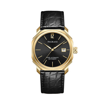 A gold-colored ultra-thin automatic date watch with a black leather band and a black dial featuring gold accents and the brand name 'PAGRANÉ' on the 12 o'clock position.