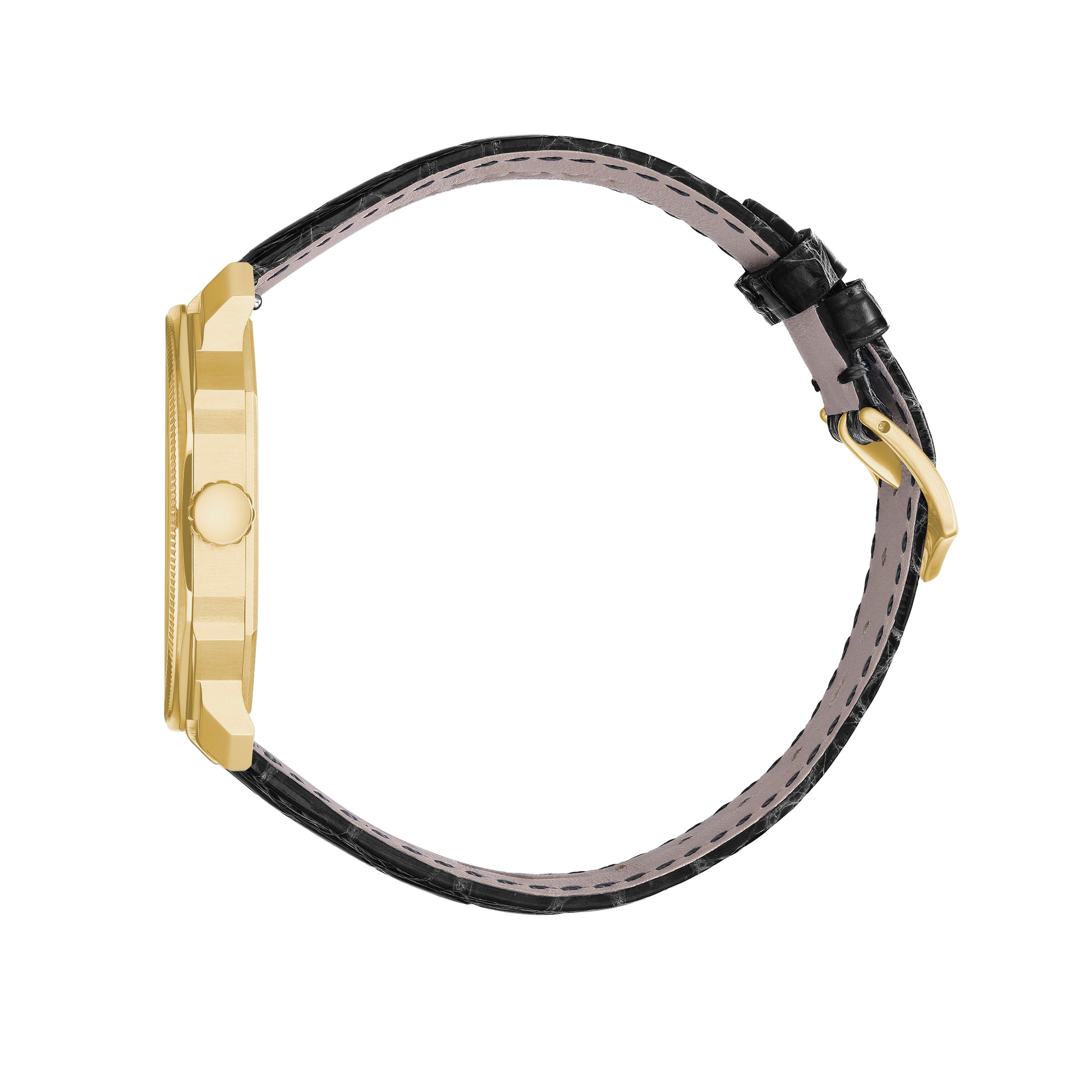 A gold-colored ultra-thin automatic date watch with a black leather band and a black dial featuring gold accents and the brand name 'PAGRANÉ' on the 12 o'clock position.