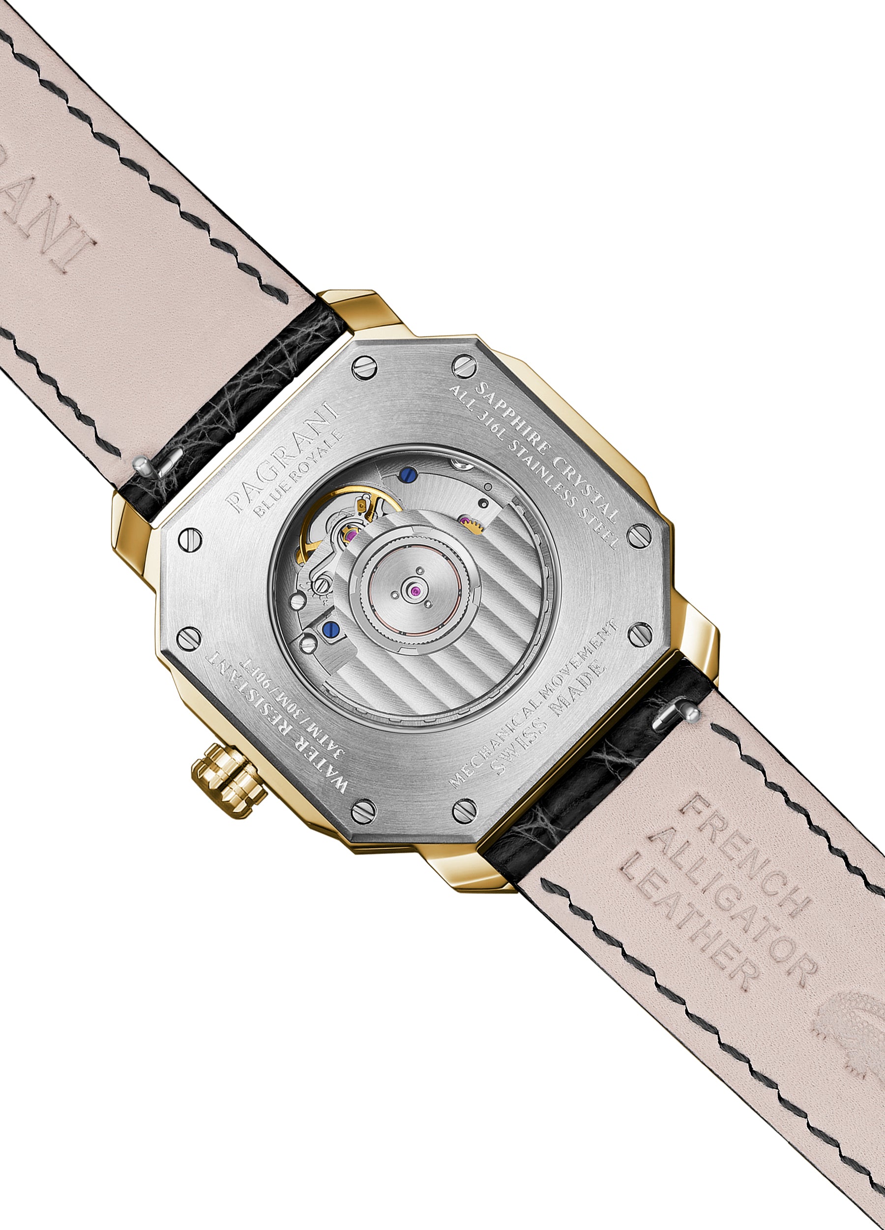 A gold-colored ultra-thin automatic date watch with a black leather band and a black dial featuring gold accents and the brand name 'PAGRANÉ' on the 12 o'clock position.