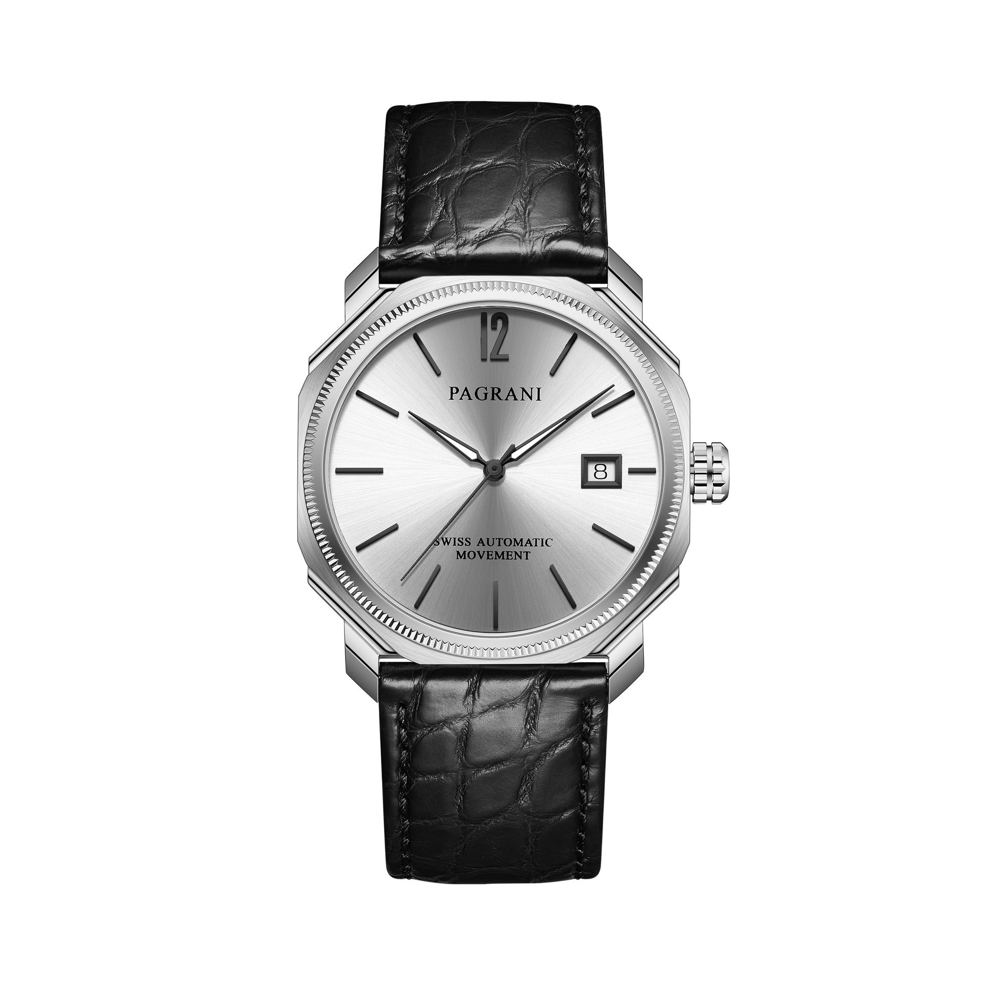 A silver-colored Pagran automatic date watch with a black leather band and a digital date display.