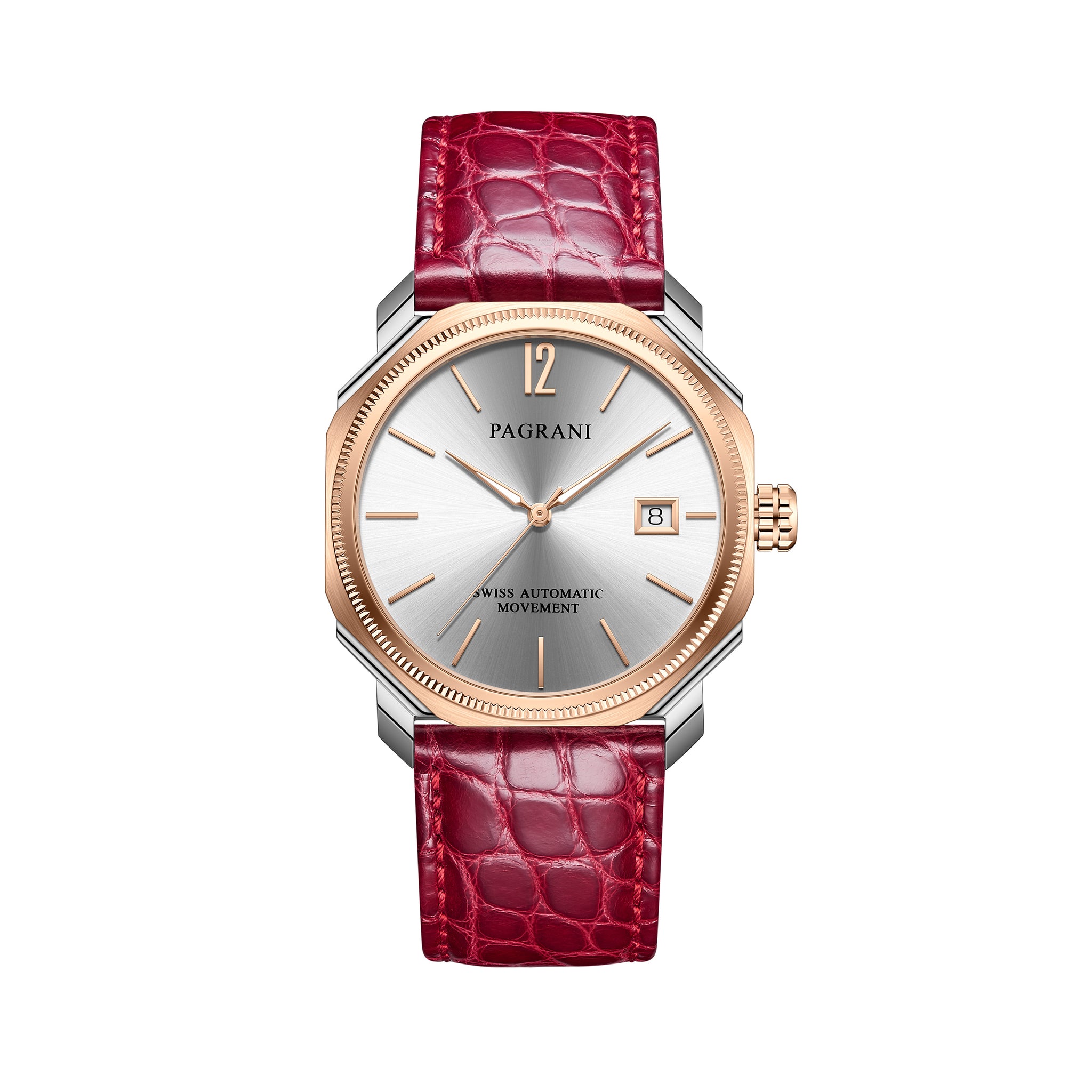 A Pagani brand watch with a red leather band and a silver-colored case featuring a date display.
