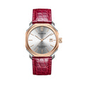A Pagani brand watch with a red leather band and a silver-colored case featuring a date display.