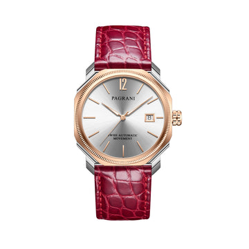 A Pagani brand watch with a red leather band and a silver-colored case featuring a date display.