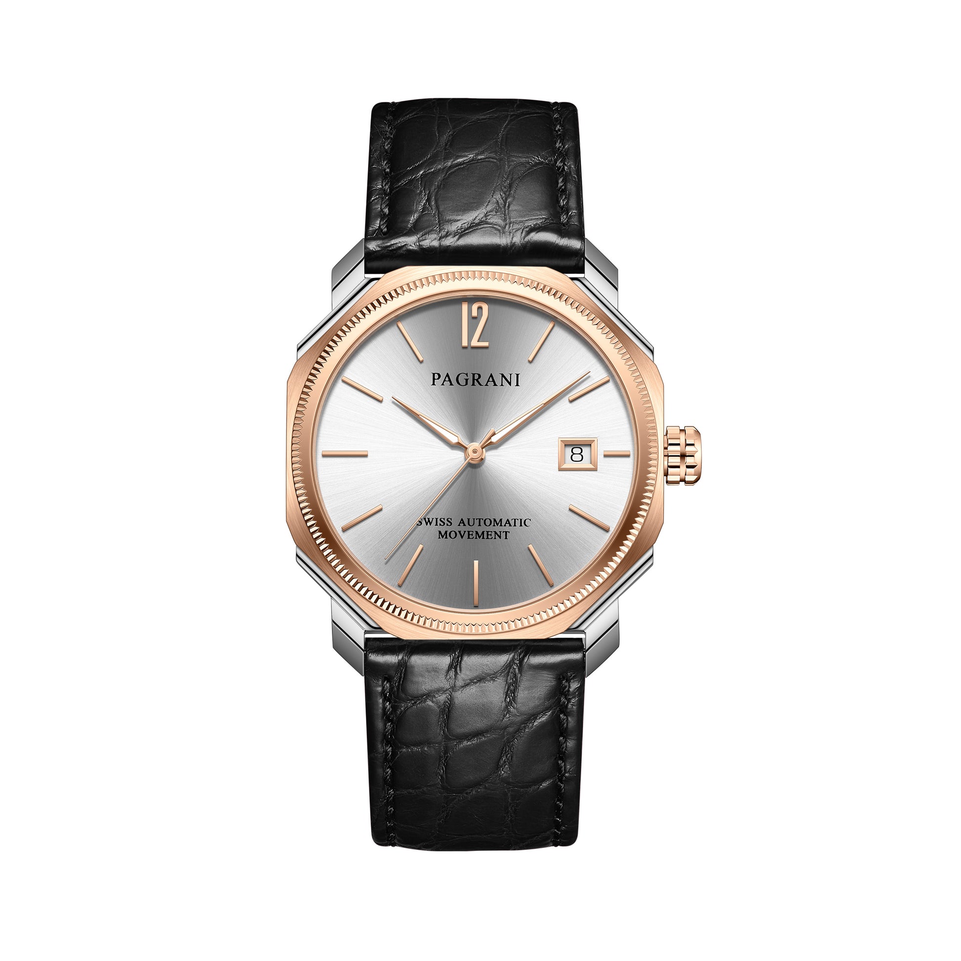 A Pagani brand watch with a red leather band and a silver-colored case featuring a date display.