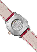 A Pagani brand watch with a red leather band and a silver-colored case featuring a date display.