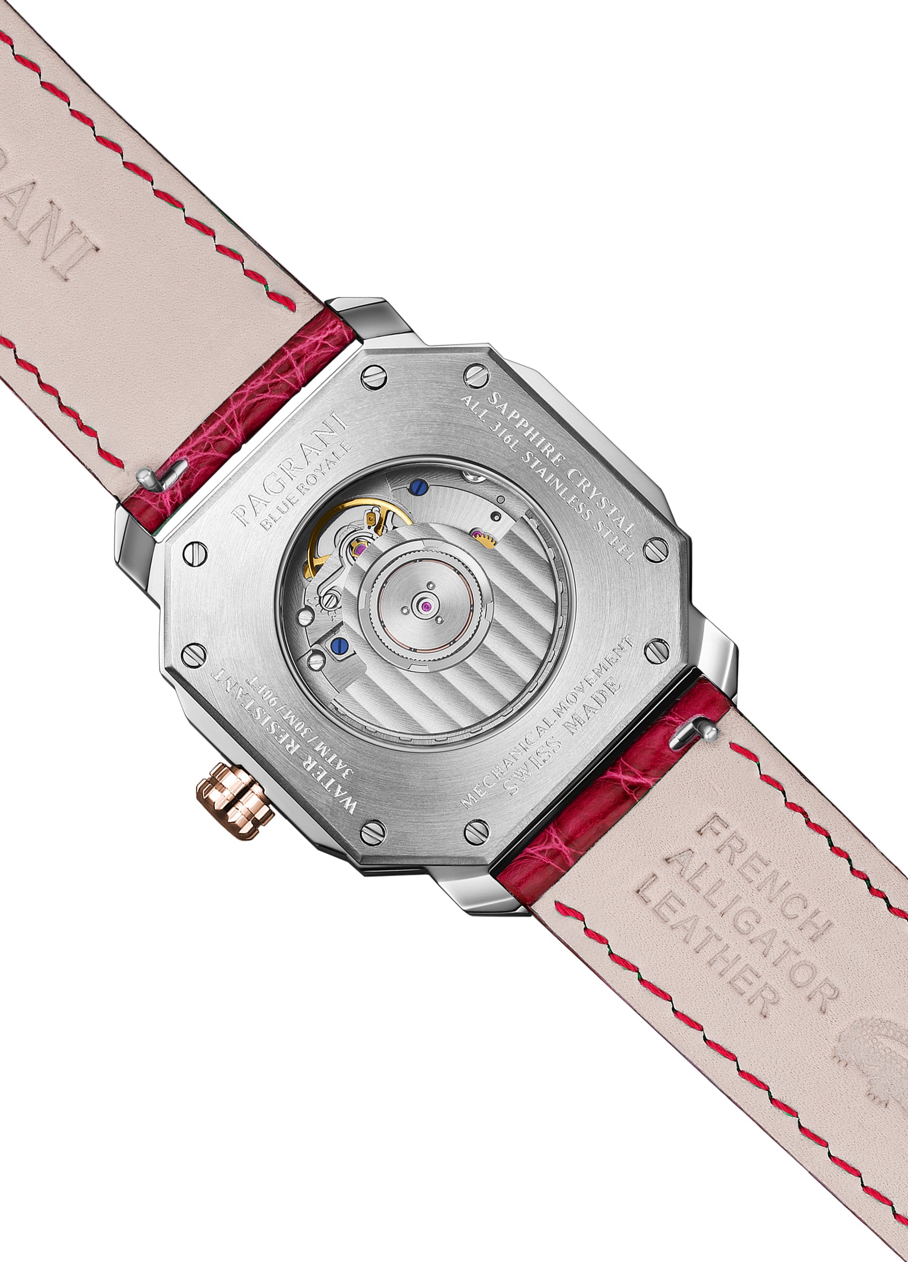 A Pagani brand watch with a red leather band and a silver-colored case featuring a date display.