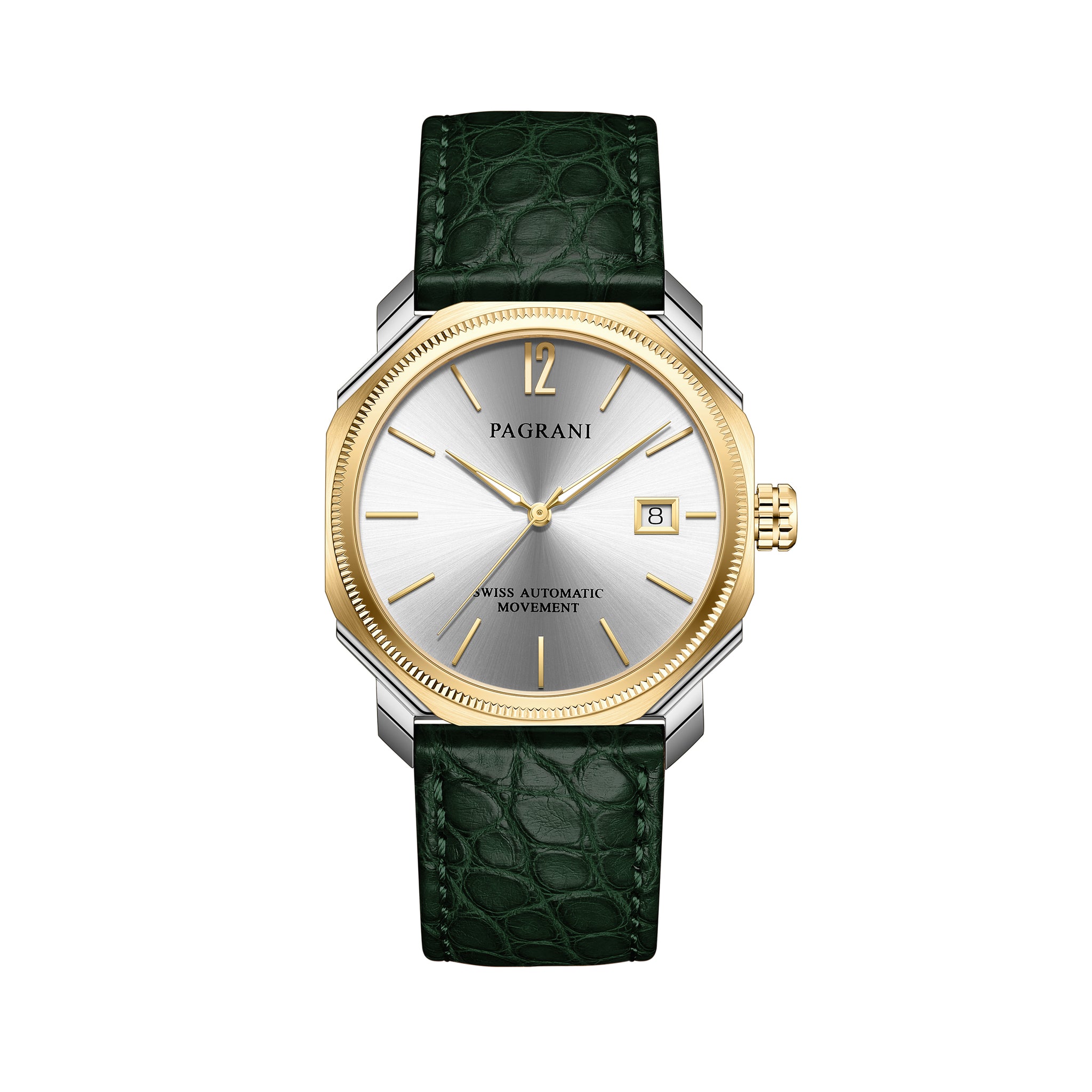 A sleek ultra-thin Swiss automatic date watch with a silver dial, gold bezel, and green leather strap, showing hours, minutes, seconds, and date.