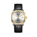 Pagrani watch with black leather strap and gold accents on a white background