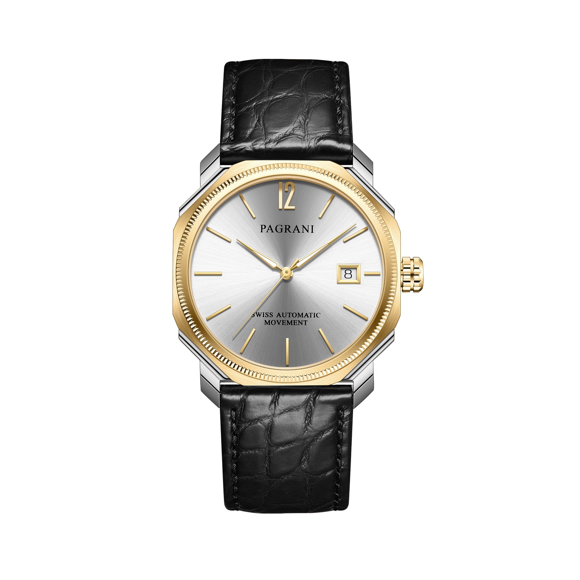 Pagrani watch with black leather strap and gold accents on a white background