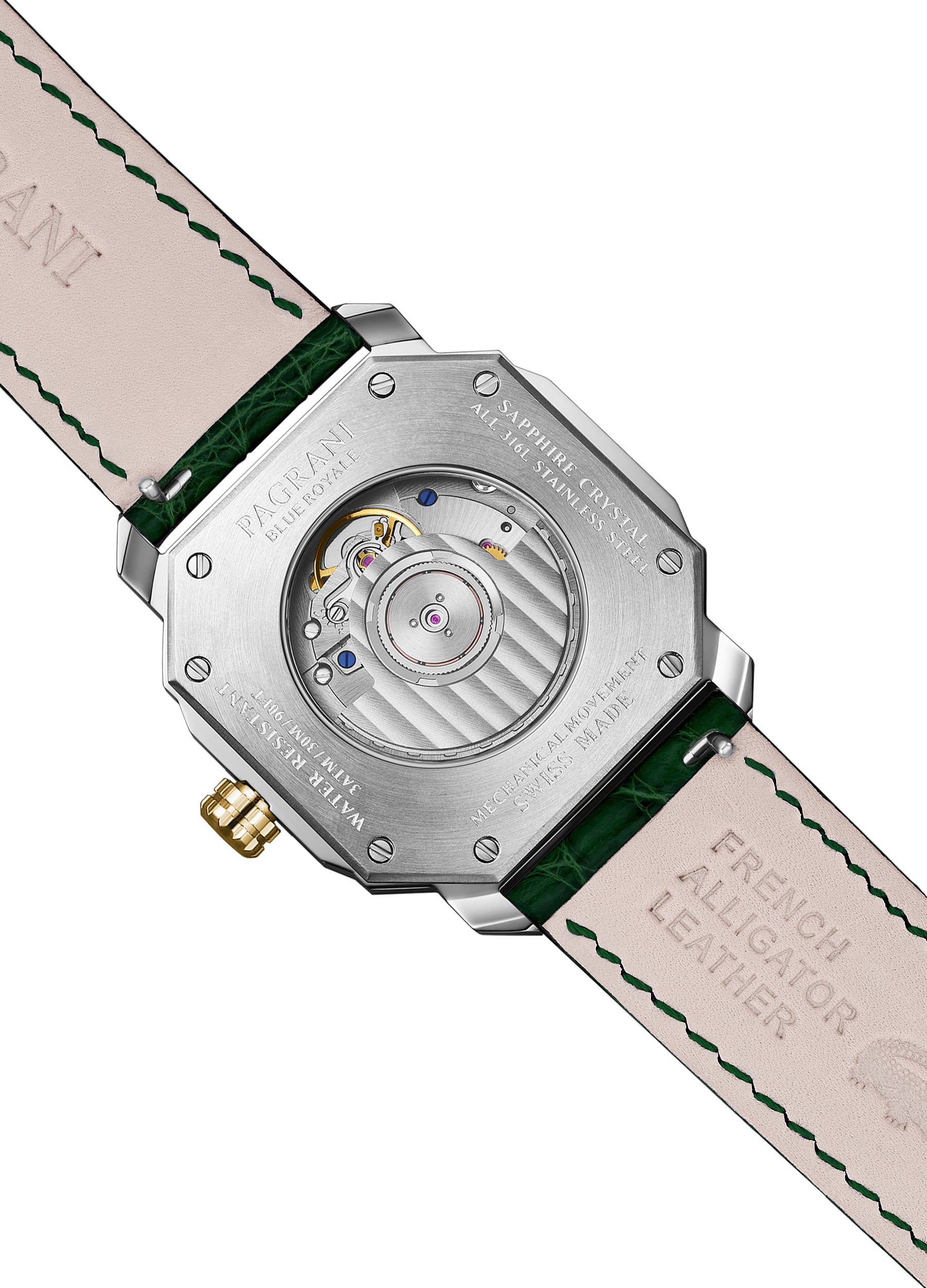 A sleek ultra-thin Swiss automatic date watch with a silver dial, gold bezel, and green leather strap, showing hours, minutes, seconds, and date.