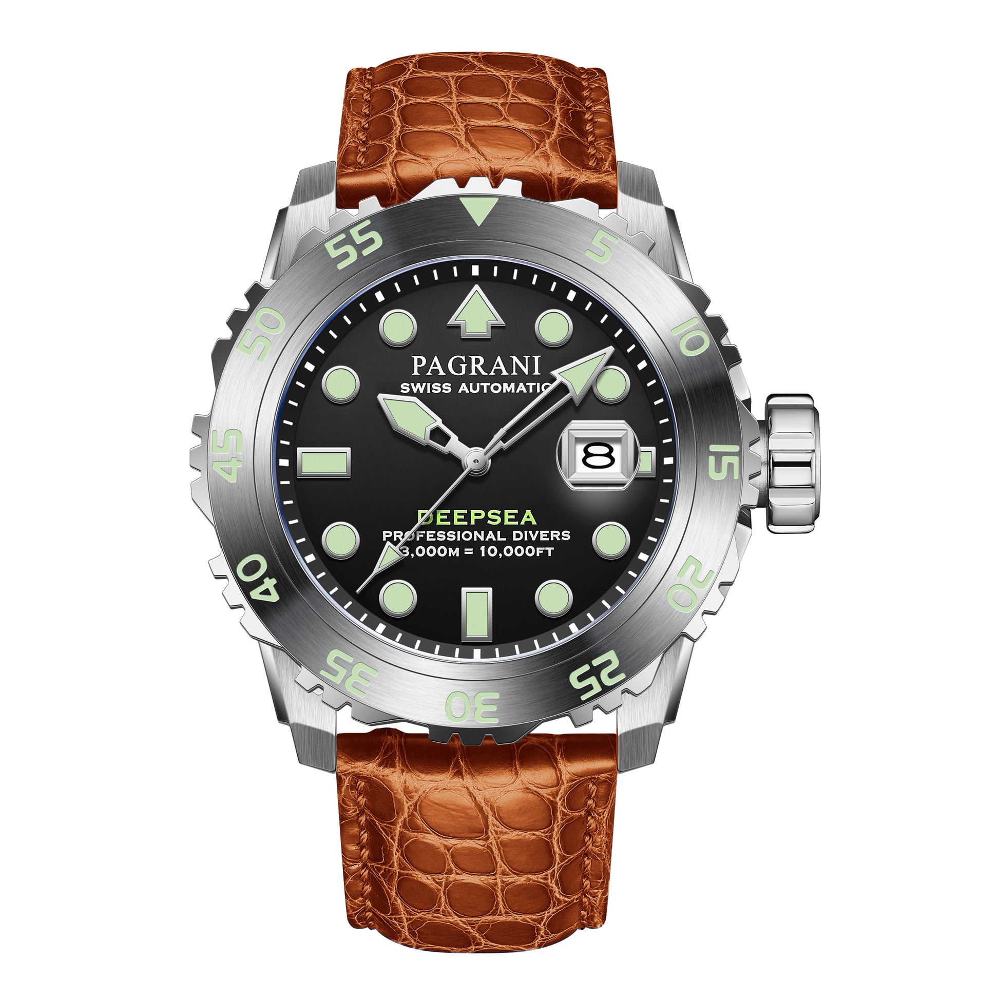 A silver stainless steel Pagrani automatic diver's watch with a black dial, green hour markers, a date display, and a brown leather band.
